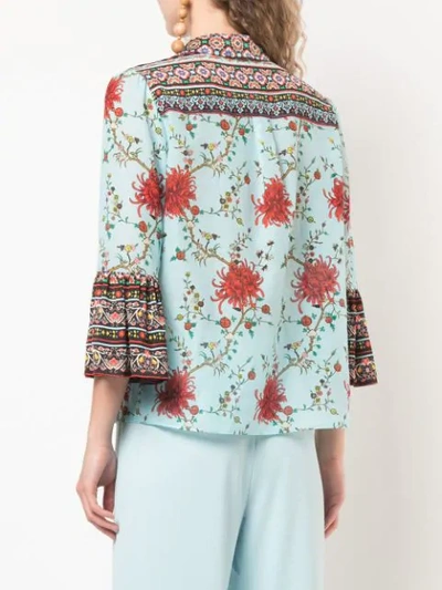 Shop Alice And Olivia Rana Ruffle Sleeve Blouse In Chrysanthemum Border Pwdr Blue