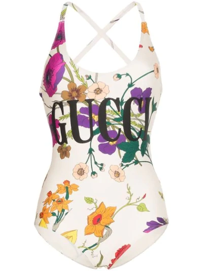 Shop Gucci Logo Floral Print Swimsuit In Neutrals