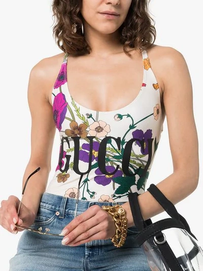 Shop Gucci Logo Floral Print Swimsuit In Neutrals