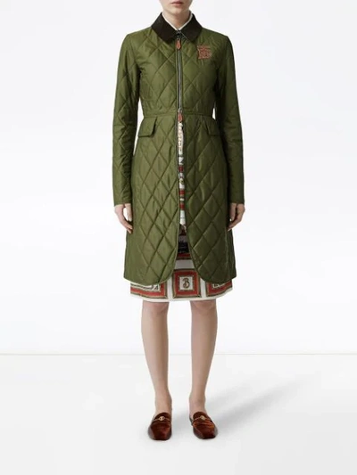 Shop Burberry Monogram Motif Quilted Riding Coat In Green