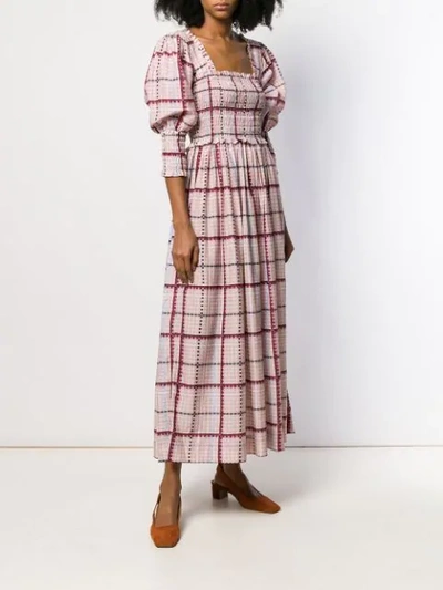 Shop Ganni Check Ruched Maxi Dress In Pink