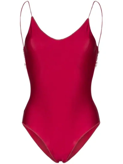Shop Oseree Travaille Lace Trim Swimsuit In Red