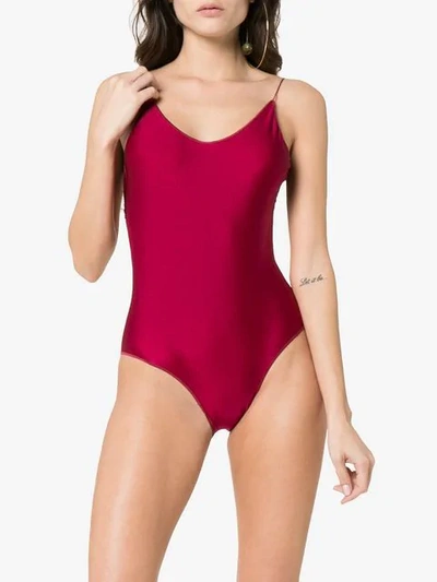 Shop Oseree Travaille Lace Trim Swimsuit In Red
