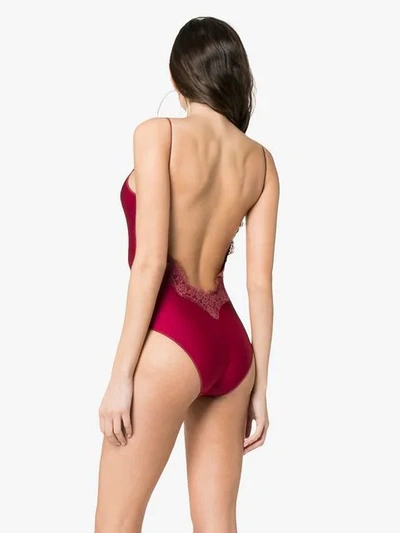 Shop Oseree Travaille Lace Trim Swimsuit In Red