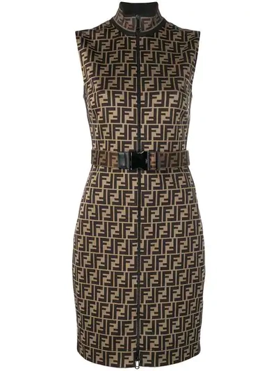 Shop Fendi Belted Ff Logo Fitted Dress In Brown