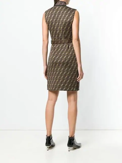 Shop Fendi Belted Ff Logo Fitted Dress In Brown