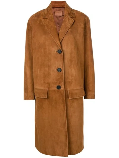 Shop Prada Longline Suede Coat In Brown