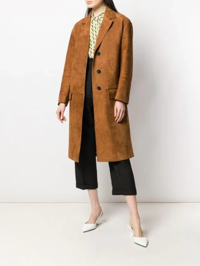 Shop Prada Longline Suede Coat In Brown