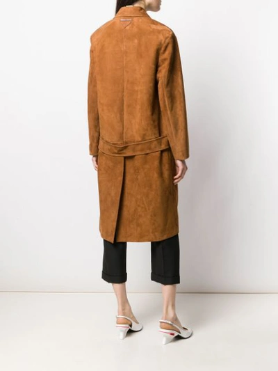 Shop Prada Longline Suede Coat In Brown