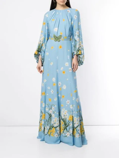 Shop Andrew Gn Floral Print Gown In Blue