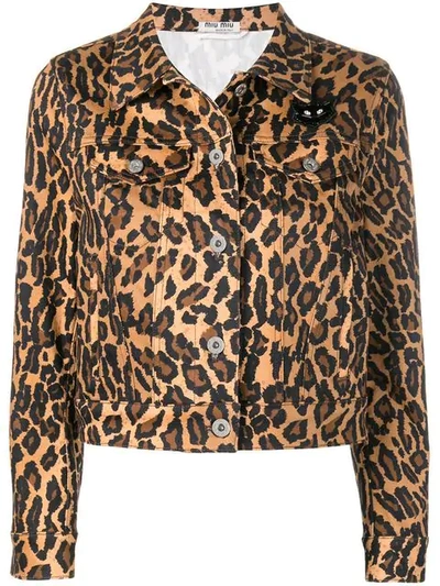 Shop Miu Miu Leopard Denim Jacket In Brown