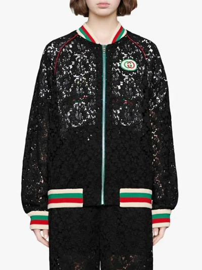 Shop Gucci Floral Lace Bomber Jacket In Black
