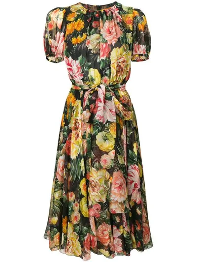 Shop Dolce & Gabbana Floral Flared Dress In Black