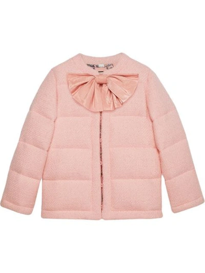 Shop Gucci Padded Tweed Jacket With Bow In Pink