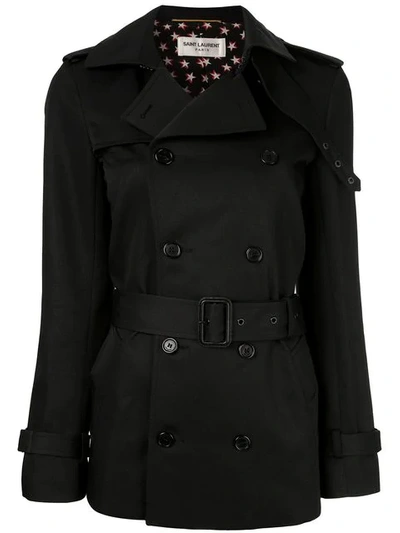 Shop Saint Laurent Belted Short Trench Coat In Black