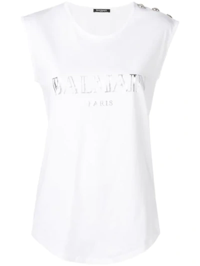 Shop Balmain Sleeveless Logo T-shirt In White