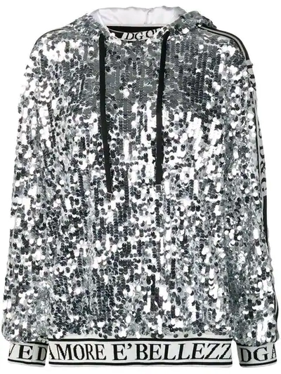 Shop Dolce & Gabbana Logo Trim Sequin Hoodie In Silver