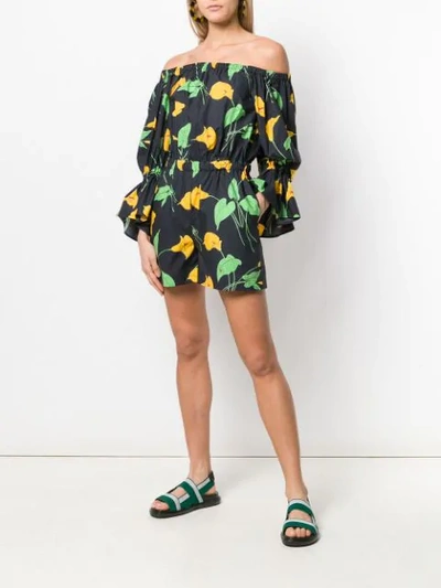 Shop La Doublej Off-shoulder Floral Playsuit In Blue