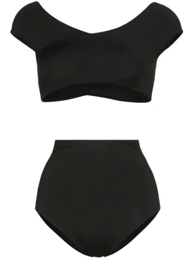 Shop Alessandra Rich Cap Sleeve High-waisted Bikini Set In Black