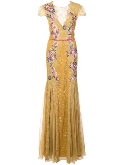 Marchesa Notte Floral Embroidered Gown In Yellow | ModeSens