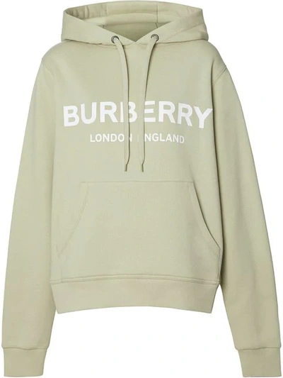 Shop Burberry Logo Print Cotton Hoodie In Pale Apple Green