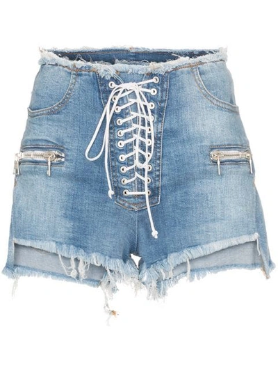 Shop Ben Taverniti Unravel Project Lace-up Denim Shorts In Blue