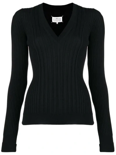 Shop Maison Margiela V-neck Rib Knit Sweater - Black