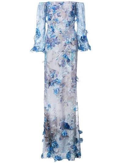 Shop Marchesa Notte Floral Embroidered Gown In Blue