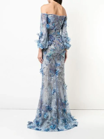 Shop Marchesa Notte Floral Embroidered Gown In Blue