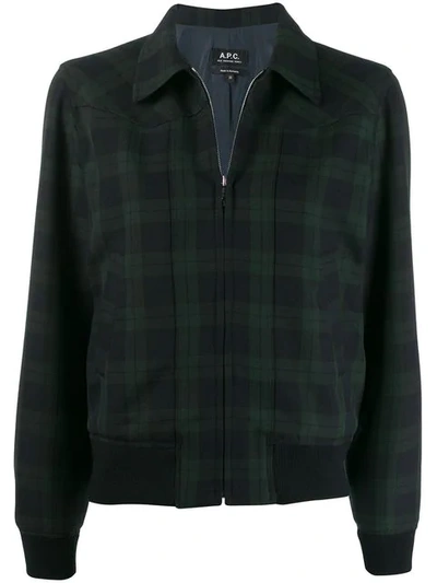 Shop Apc Plaid Collared Bomber Jacket In Blue