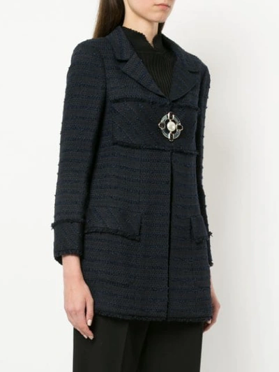 Pre-owned Chanel Brooch Closure Bouclé Jacket In Blue