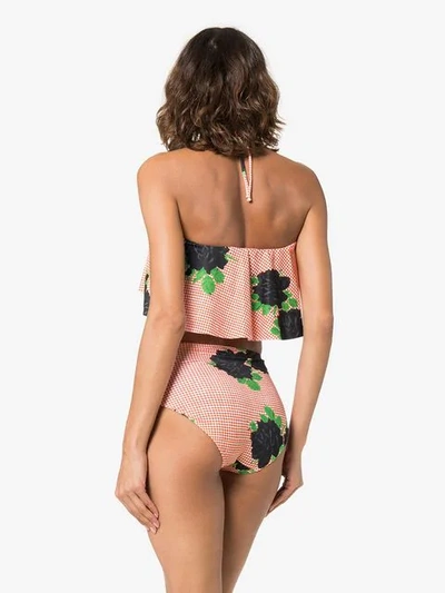 Shop Ganni Check Print High Waist Bikini With Floral Print In Yellow