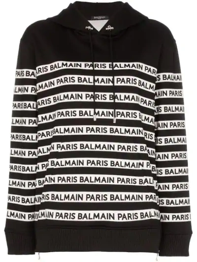 Shop Balmain Logo Print Tape Cotton Hoodie In Black