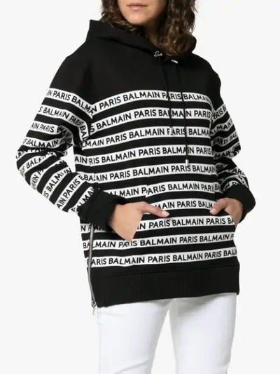 Shop Balmain Logo Print Tape Cotton Hoodie In Black