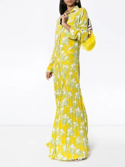 VALENTINO 超长花卉图案绉纱连衣裙 - 黄色