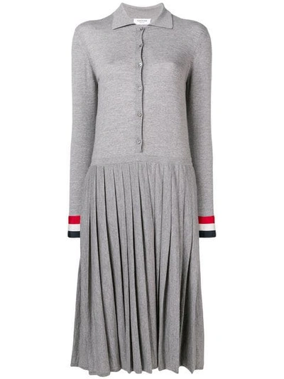 Shop Thom Browne Grosgrain Cuff Pleated Polo Dress In Grey