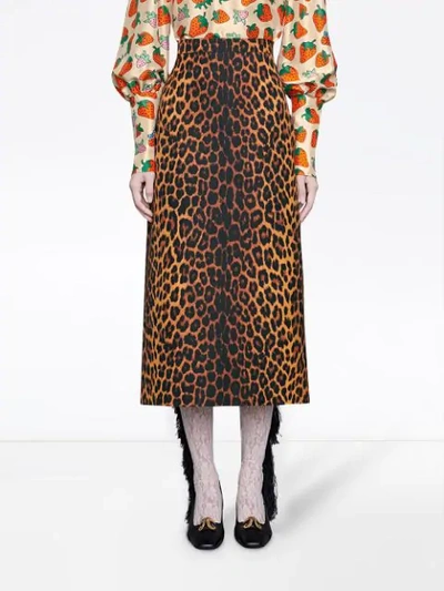 Shop Gucci Leopard Print Wool Pencil Skirt In Brown