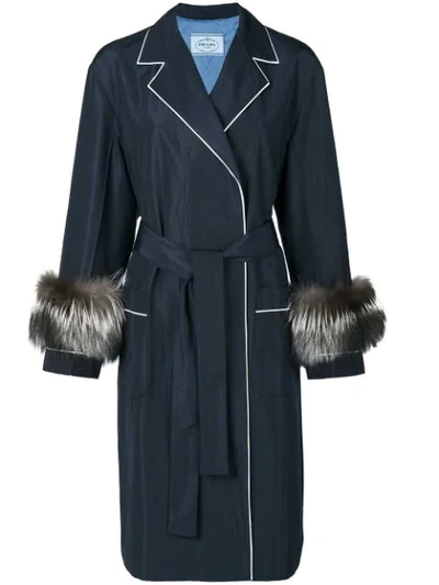Shop Prada Fur Trim Coat In Blue