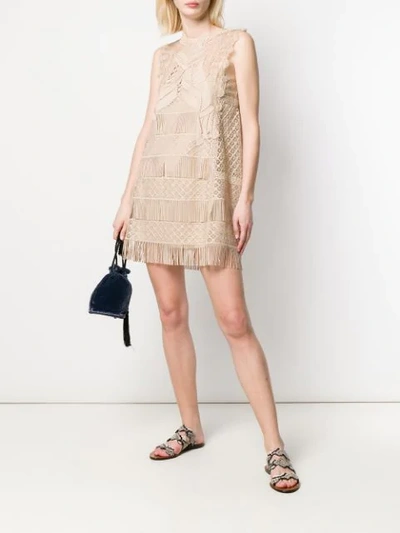 Shop Alberta Ferretti Fringed Mini Dress In Neutrals