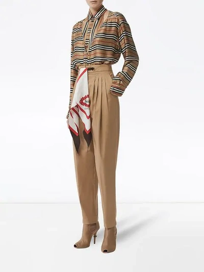 Shop Burberry Scarf Detail Cotton Tapered Trousers In Brown