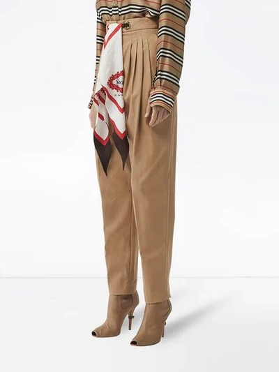 Shop Burberry Scarf Detail Cotton Tapered Trousers In Brown