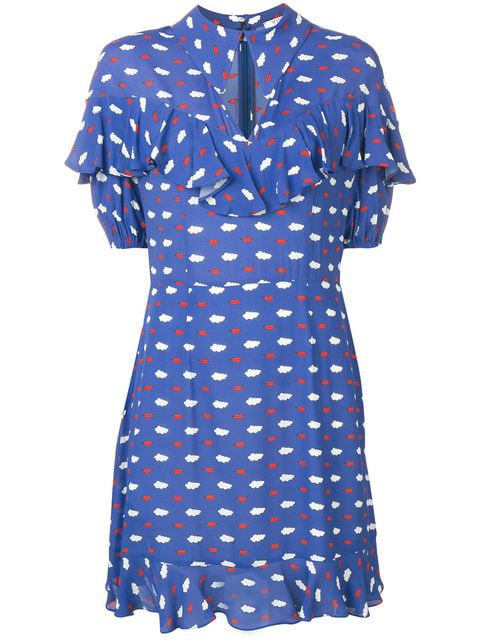 Vivetta Clouds And Lips Print Ruffle Dress In Blue | ModeSens