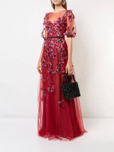 Shop Marchesa Notte Embroidered Floral Tulle Gown In Red