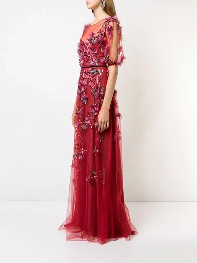 Shop Marchesa Notte Embroidered Floral Tulle Gown In Red
