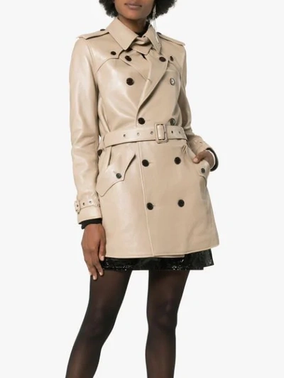 Shop Saint Laurent Double-breasted Leather Trench Coat In Neutrals