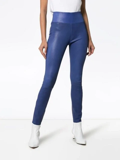 Shop Sprwmn High Waisted Stretch Leather Leggings In Blue