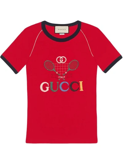 Shop Gucci Tennis Racket Logo Printed T-shirt - Red