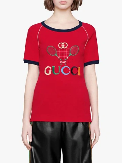 Shop Gucci Tennis Racket Logo Printed T-shirt - Red
