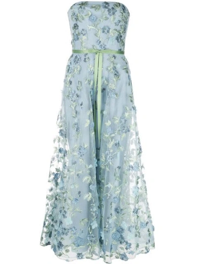 Shop Marchesa Notte Floral Embroidered Strapless Gown In Blue