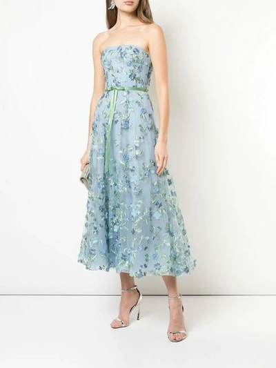 Shop Marchesa Notte Floral Embroidered Strapless Gown In Blue